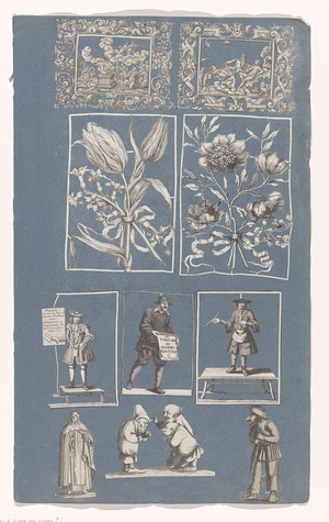 Collage van uitgeknipte prenten geplakt op albumblad van blauw papier