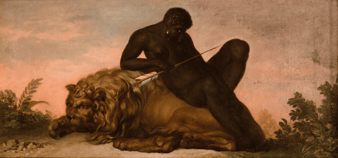 An oil painting of a naked black woman resting on a lion holding a single arrow, surrounded by sky w