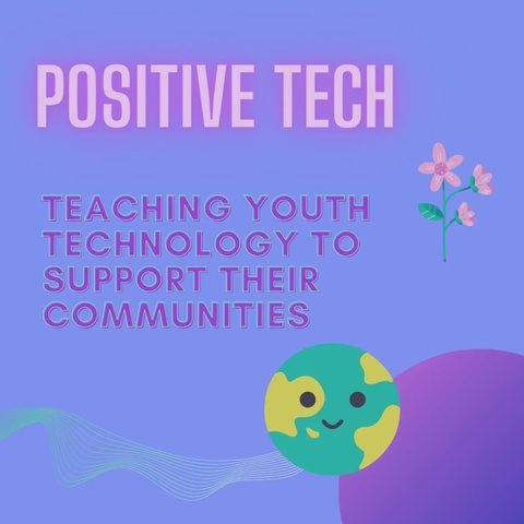 A graphic with a smiling globe and flowers promoting positive technology.