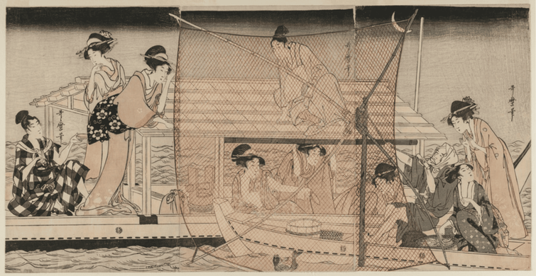 This image shows a group of Japanese women of the Edo period fishing on a boat at night with nets.
