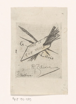 Ex libris met pennen, kwasten en palet