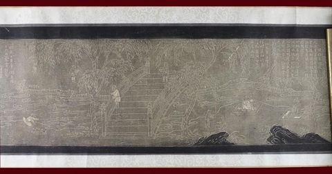 White outlines on gray paper show a group of ancient Chinese scholars sitting on mats along the bank