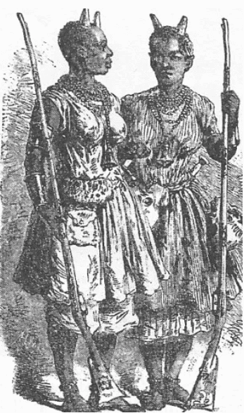 Illustration of two female officers in the Dahomean Army wearing horns on their heads, each carrying