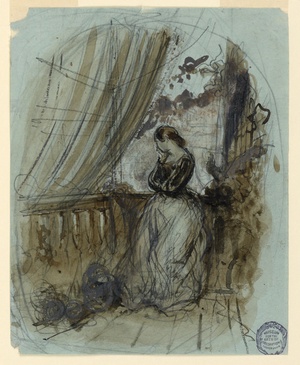 Design for a Lithograph, A Young Woman Standing on a Terrace