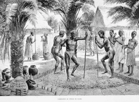 Illustration of men and women making palm oil in Dahomey.