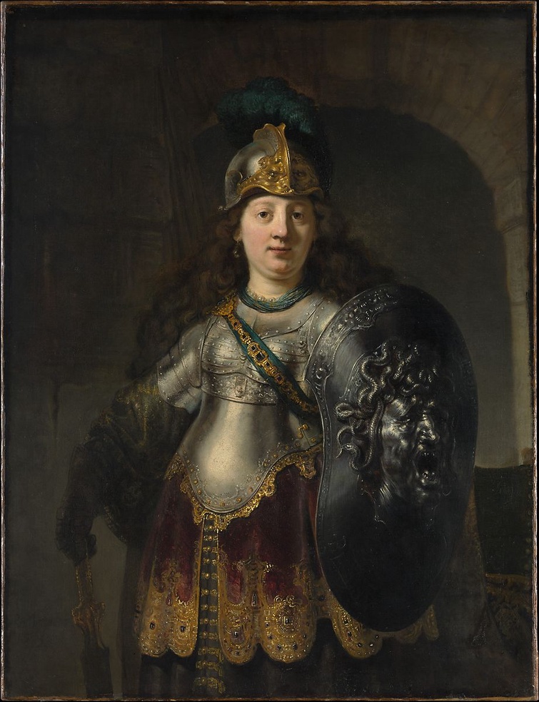 A painting of a woman in decorative armor of metal and fine fabric.