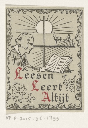 Ex libris met een lezende man voor een raam