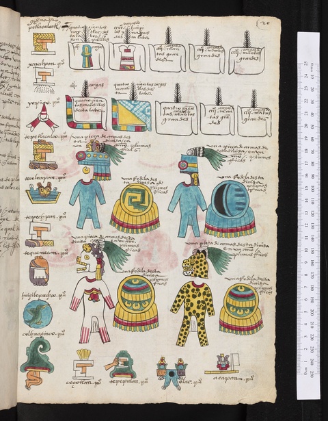 This rectangular page from an old, yellowing paper manuscript contains colorful pictograms depicting