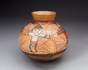 Small Jar Depicting Figures with Outstretched Arms, Standing against Red-Striped Background