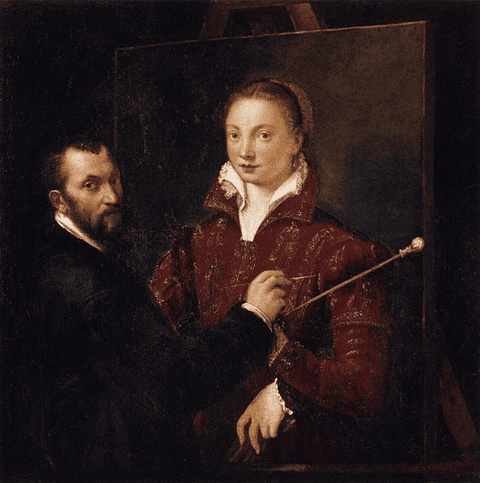A painting shows a light-skinned bearded man in black clothes painting a large image of a woman with