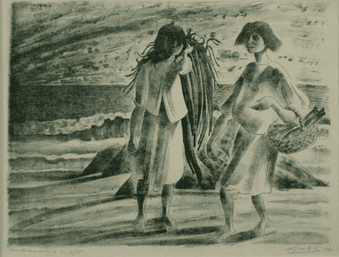 The black and white print features two women in the process of gathering cochayuyo and fish. They ar