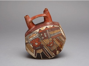 Geometric Bridge Vessel Depicting Ritual Performer Wearing Abstract Bird Costume