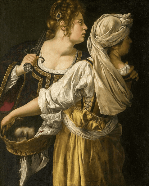 A painting of two light-skinned women in European Renaissance gowns, one facing the viewer and one w