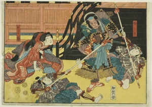 Actors as Fukashichi and Omiwa from the play "Imoseyama," from an untitled series of half-block imag