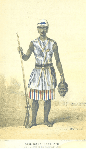 A color illustration of a warrior woman holding a severed head from the Kingdom of Dahomey. 