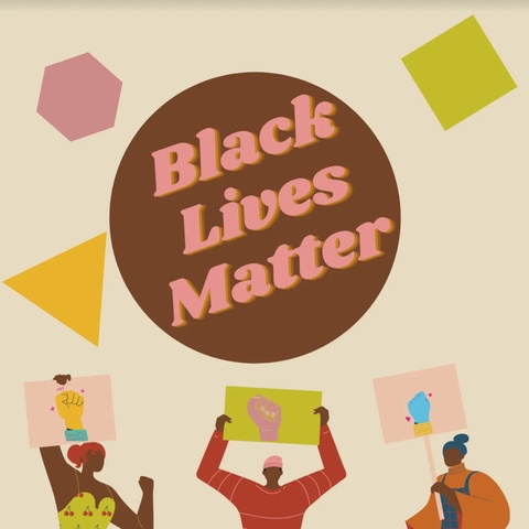 A graphic showing protesters holding signs with pictures of fists.