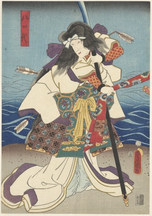 Drie kabuki acteurs trekkend aan een rode banier