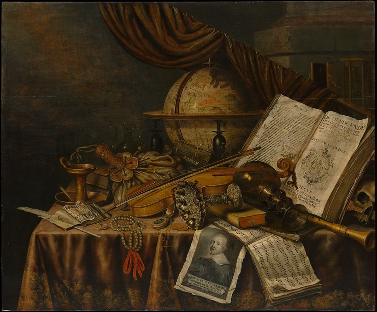 A still life that includes a globe, several books that are opened and closed, a few decorative vesse
