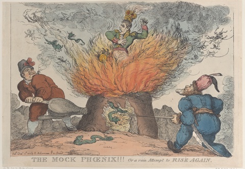 The Mock Phoenix!!! Or a Vain Attempt to Rise Again, 1813, Thomas Rowlandson, British