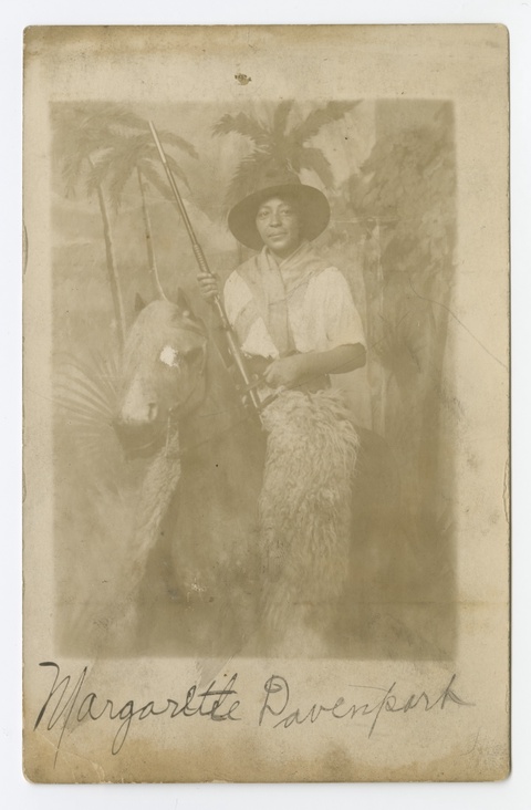 Photographic postcard portrait of Margarette Davenport in costume, early 20th century, American