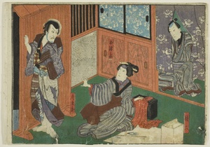 Actors as Genroku, Otsuma, and Shokuro, from an untitled series of half-block images of kabuki scene